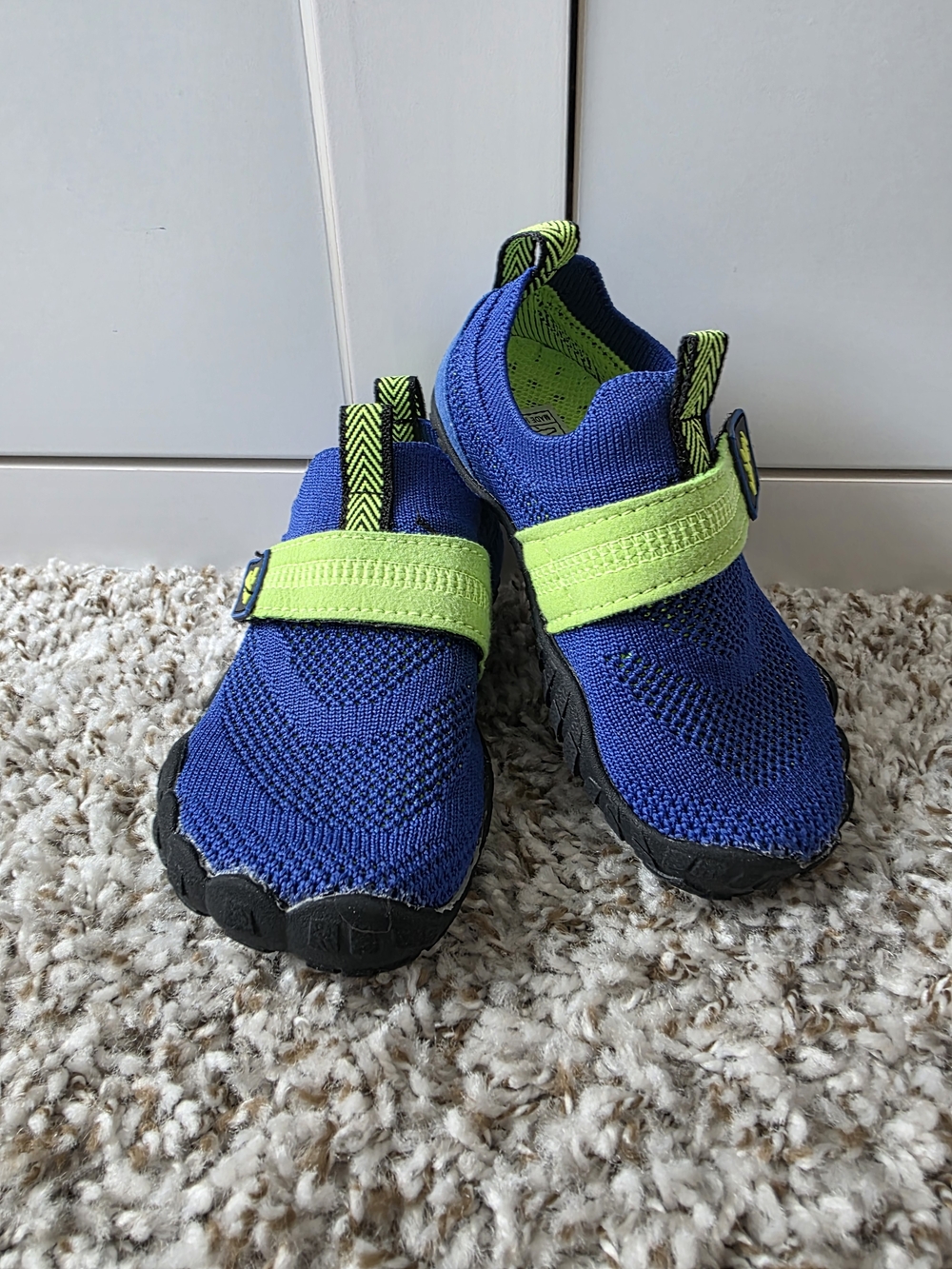 Kids Blue Knit Slip-On Sneakers with Neon Green Strap
